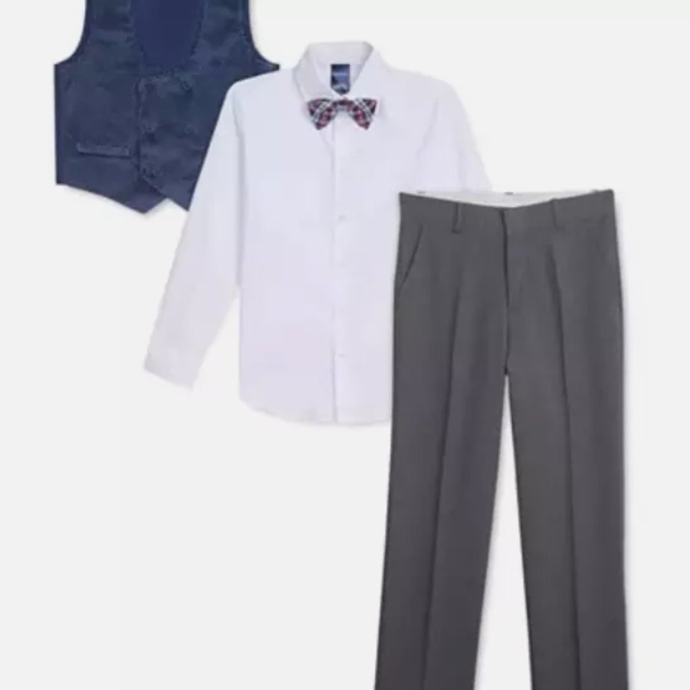 Nautica boy suit set Blue velvet with white polka dots and grey pants an bow tie